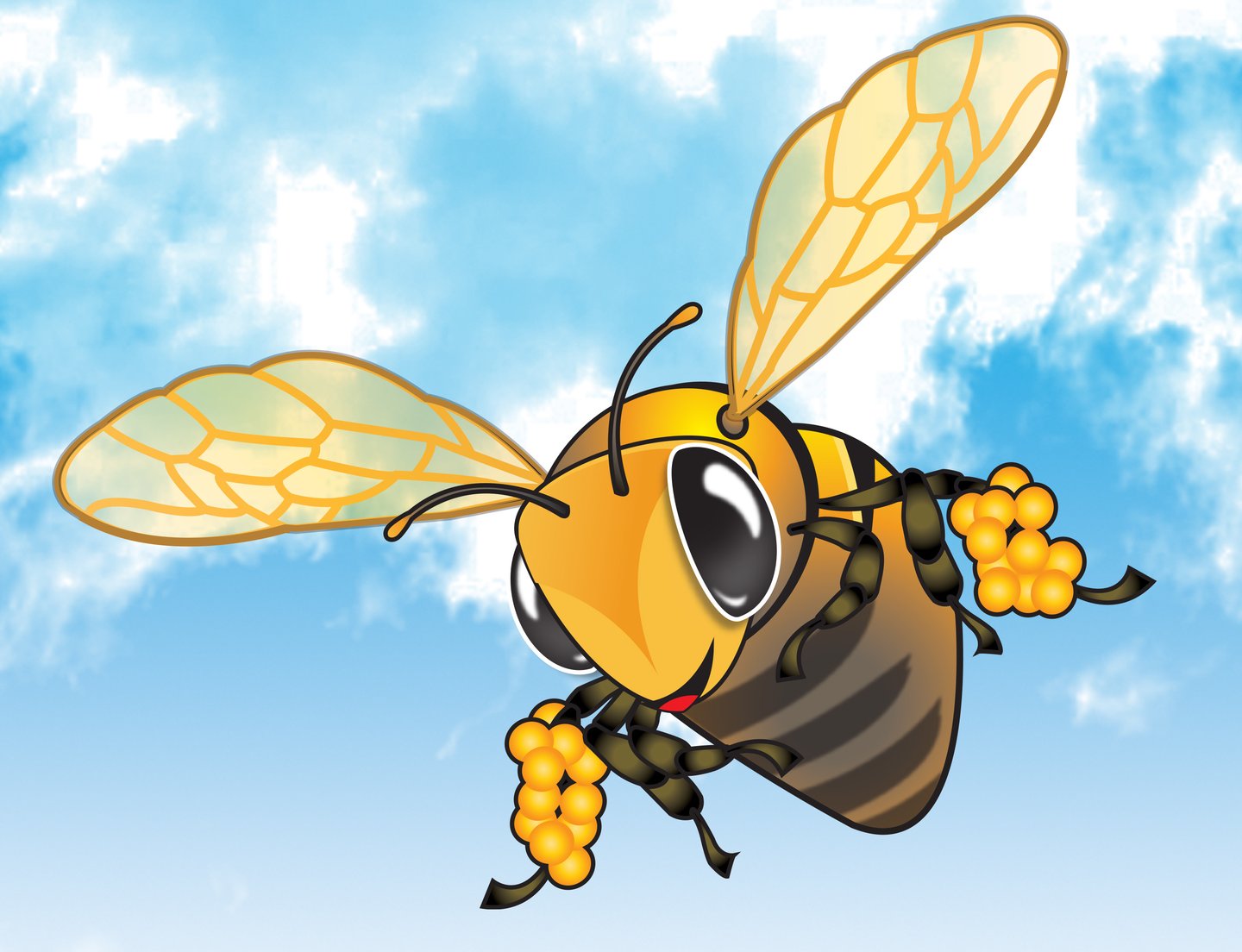 “Cheerful cartoon honeybee flying with flowers against a blue sky — playful children’s illustration for The Honeybee.