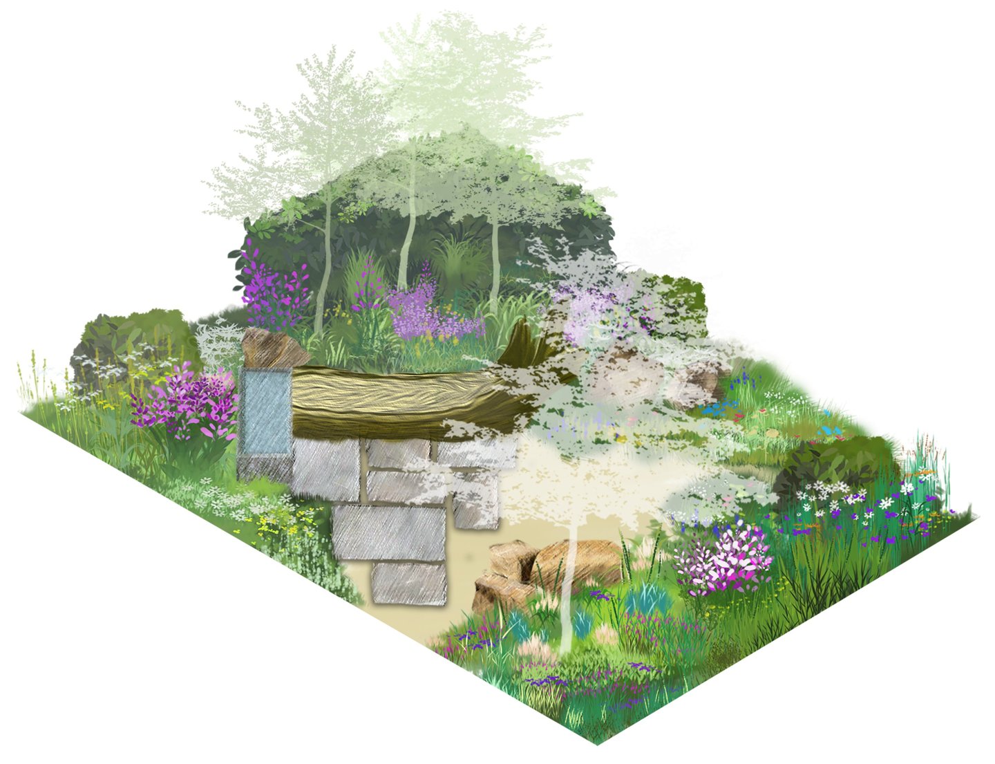 An illustration of a garden in the style of Hayao Miyazaki