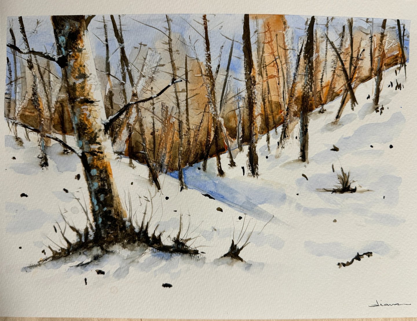 a painting of a forest full of snow