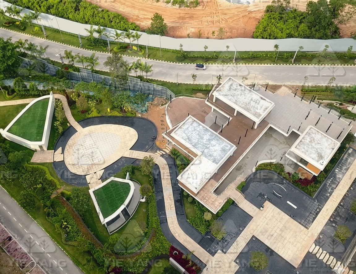 Aerial view of commercial landscape design with turf and garden beds – Yie Yang Landscape