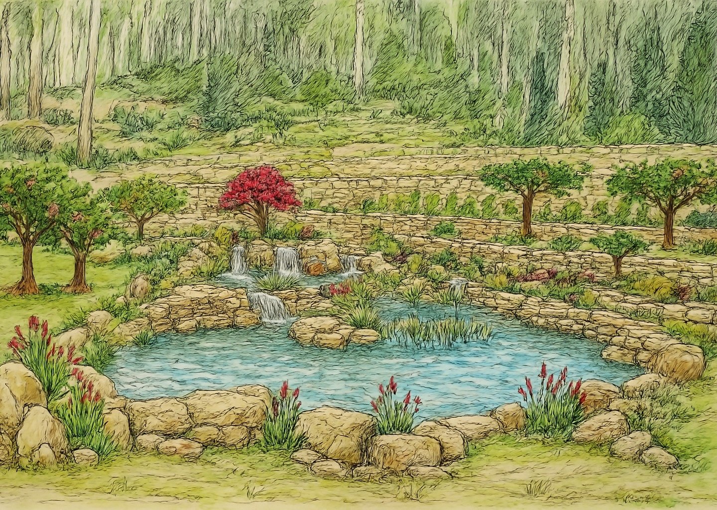 Full color conceptual render of natural pool with wetland, waterfalls & naturescape | Aqua Vitae