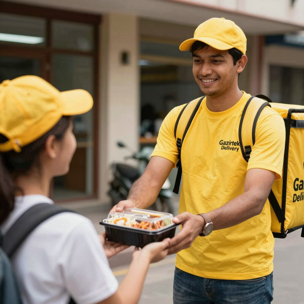 A smiling delivery driver handing a box of fresh produce to a happy customer at their doorstep.
