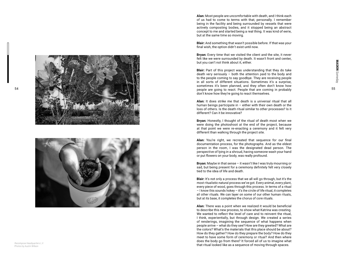 A magazine spread with a photo of a mural and hands touching soil