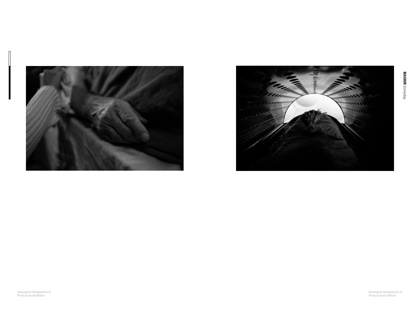 A magazine spread with a photo of a funeral and a futuristic machine