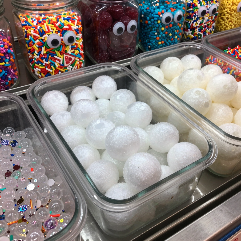 A colorful tub of slime labeled 'Berry Blast' with foam beads and glitter sparkling under soft light.