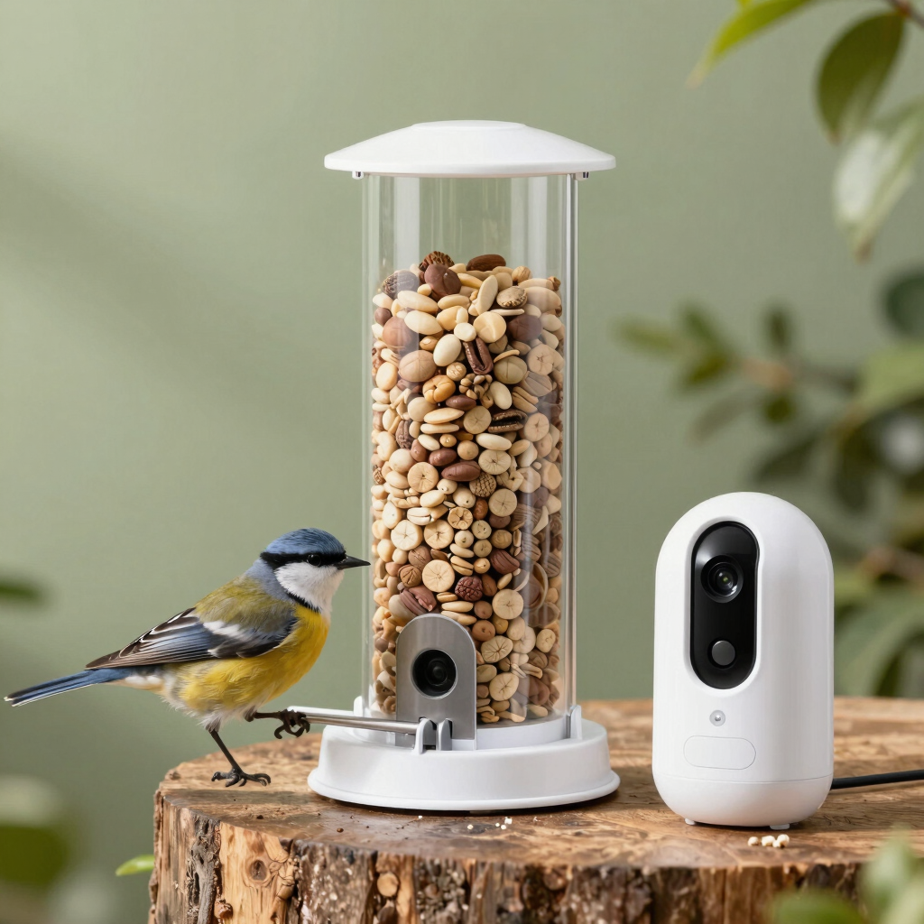 Smart bird feeder with integrated camera filming a blue tit eating nuts and seeds.