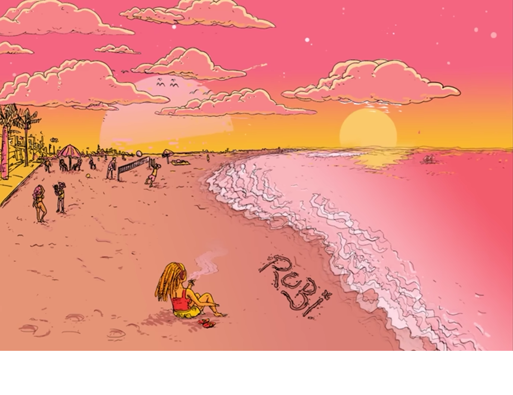 um desenho animado de uma menina na praia