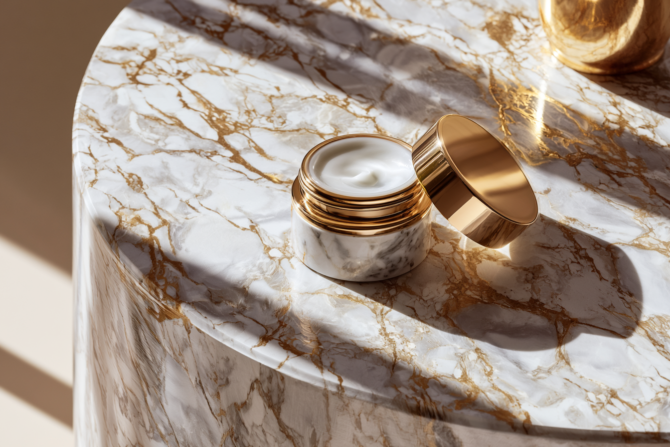 Luxury face cream in a marble jar with a gold lid on a white and gold marble table.