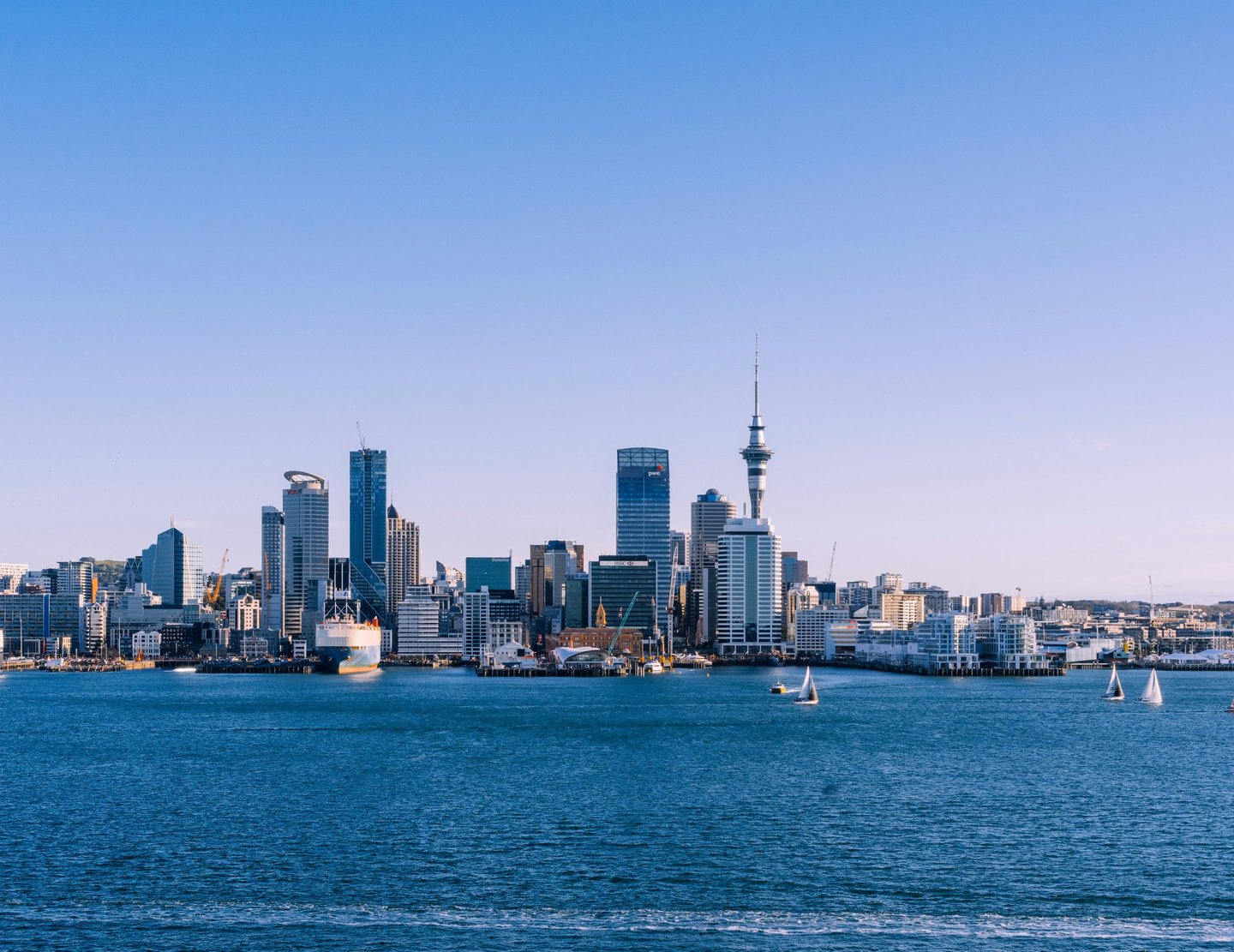 Auckland skyline featuring the Sky Tower and skyscrapers overlooking the blue harbor water.