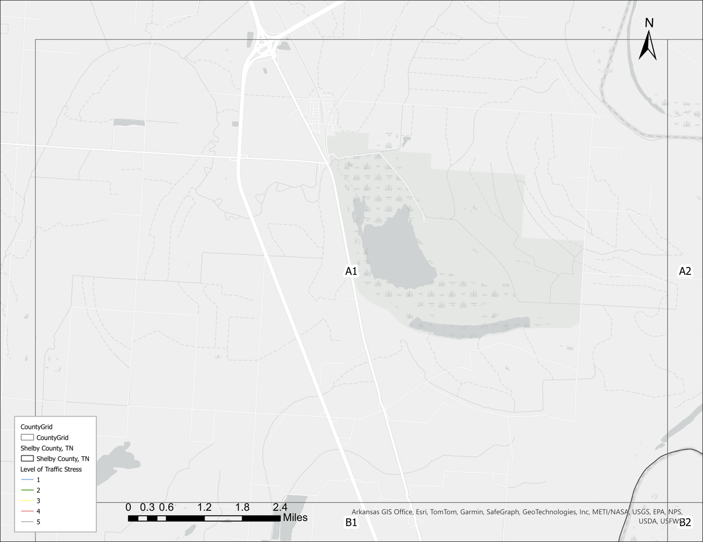 A detailed geographic map of Shelby County, TN, showing traffic stress levels and land features.