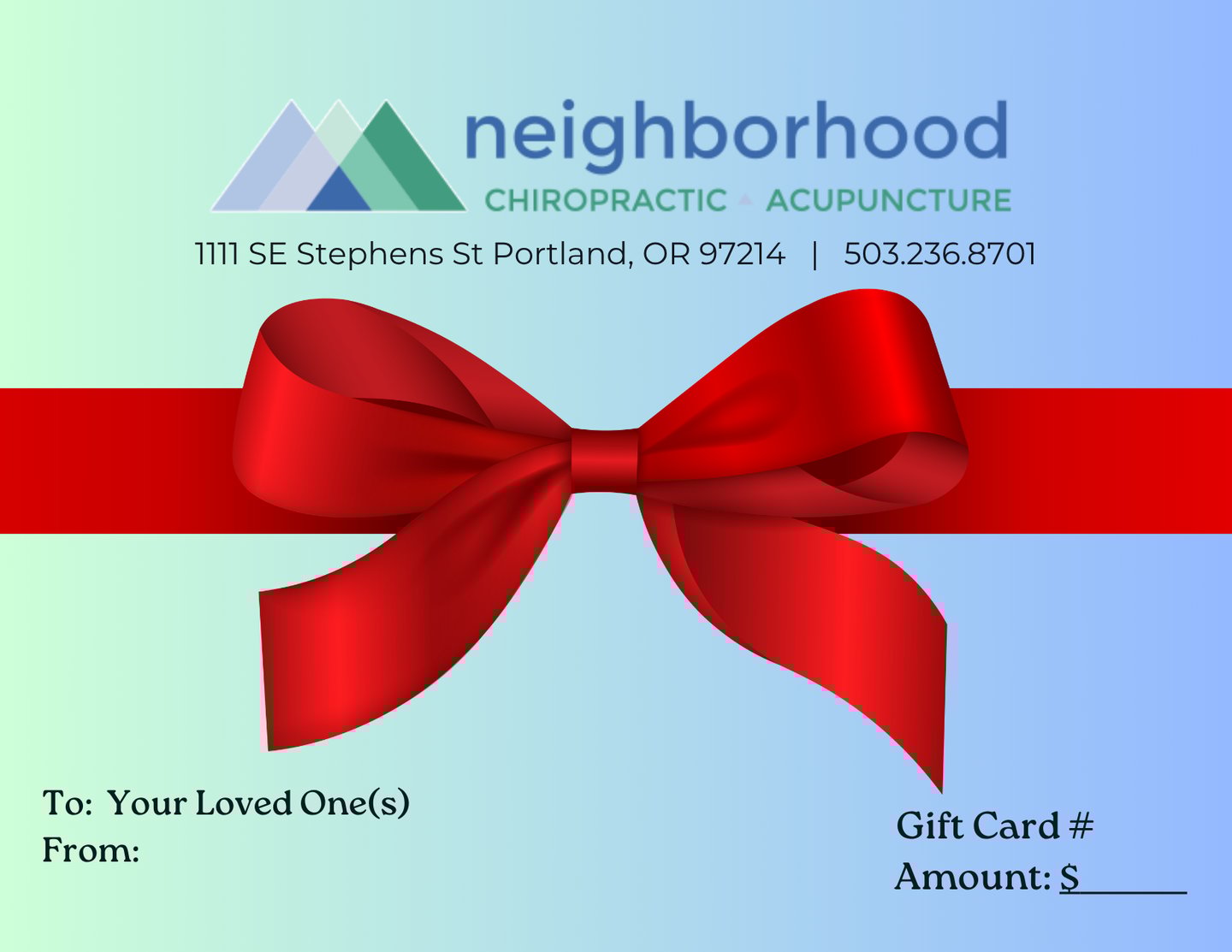 a gift card with a red ribbon with clinic logo