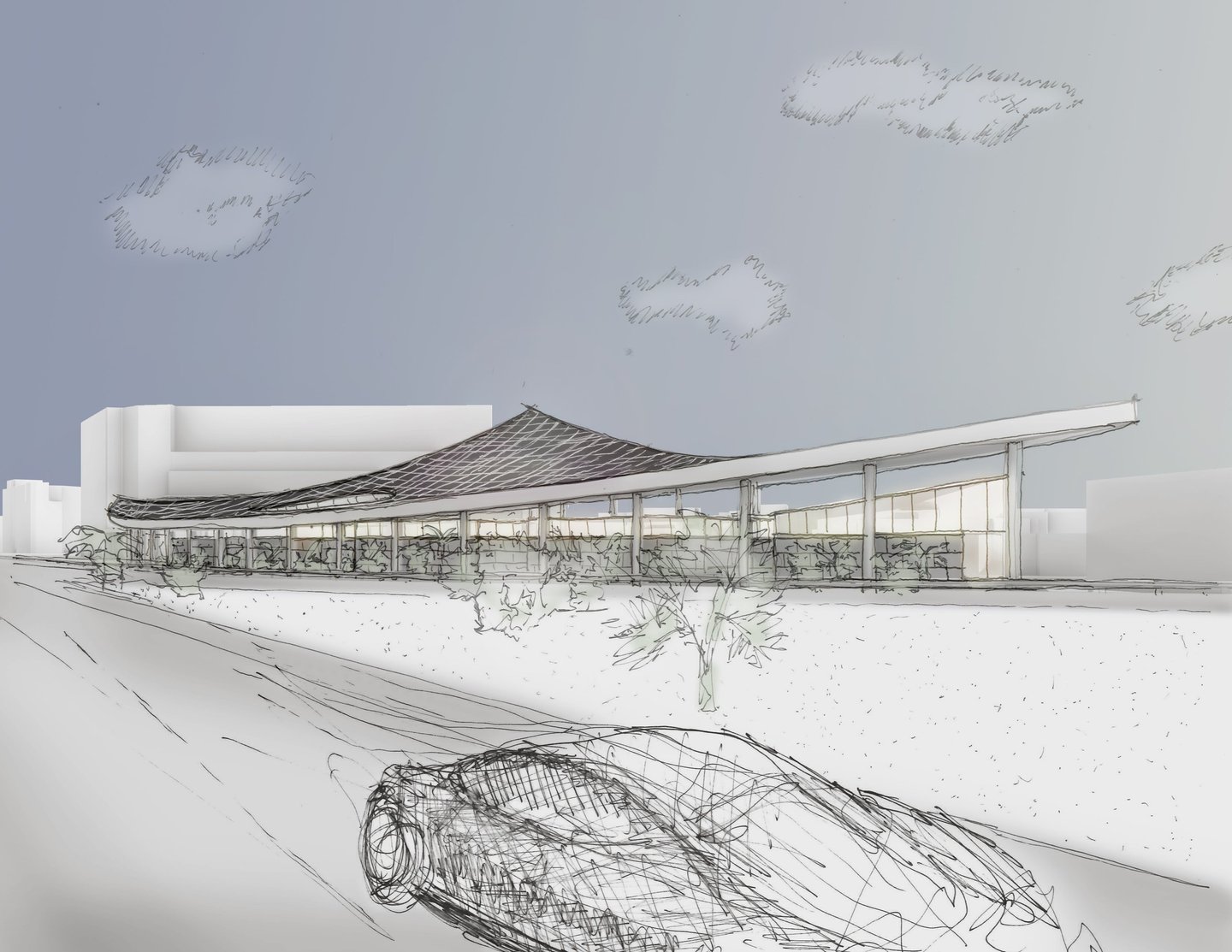 a sketch of a car and a building