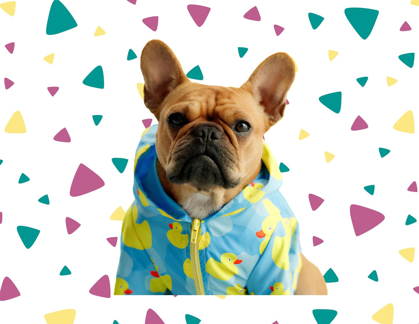 Bulldog francés con un impermeable de patito de goma azul.