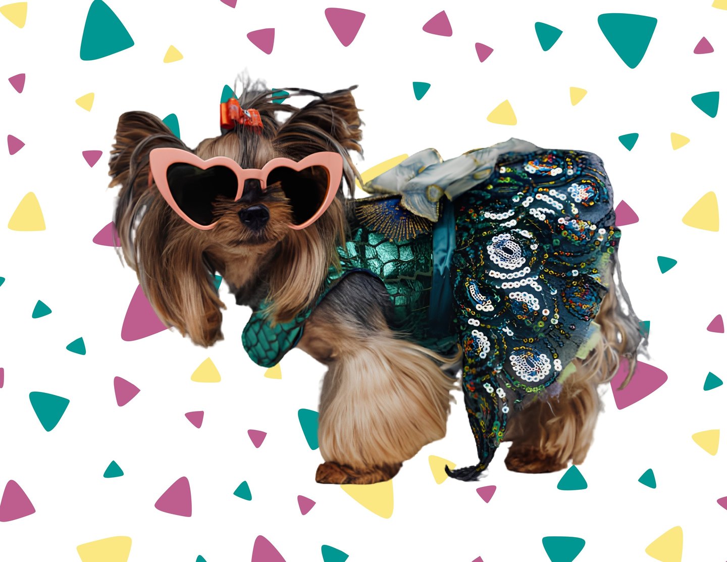 Yorkshire Terrier con gafas de sol en forma de corazón y un vestido de pavo real con lentejuelas.