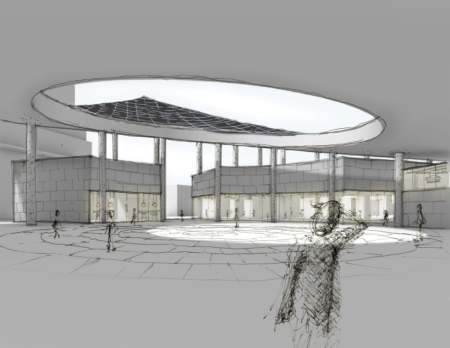 a sketch of a man looking through an oculus