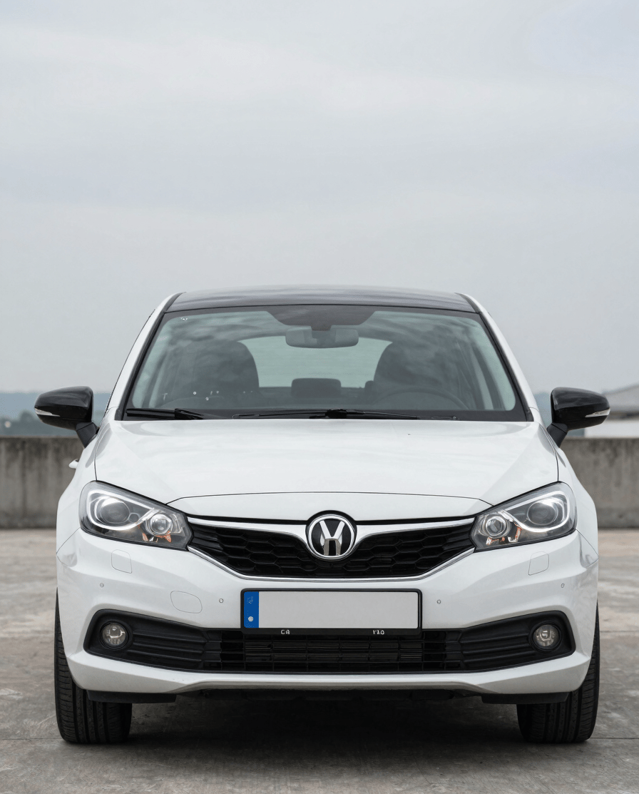 Close three-quarter front view of a European compact car on a flat concrete surface under bright overcast daylight, vehicle centered, no props, maximum clarity on bodywork and headlights