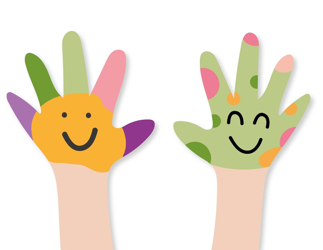 Colorful hands with painted smiley faces, symbolizing creative kids' art and finger painting fun.