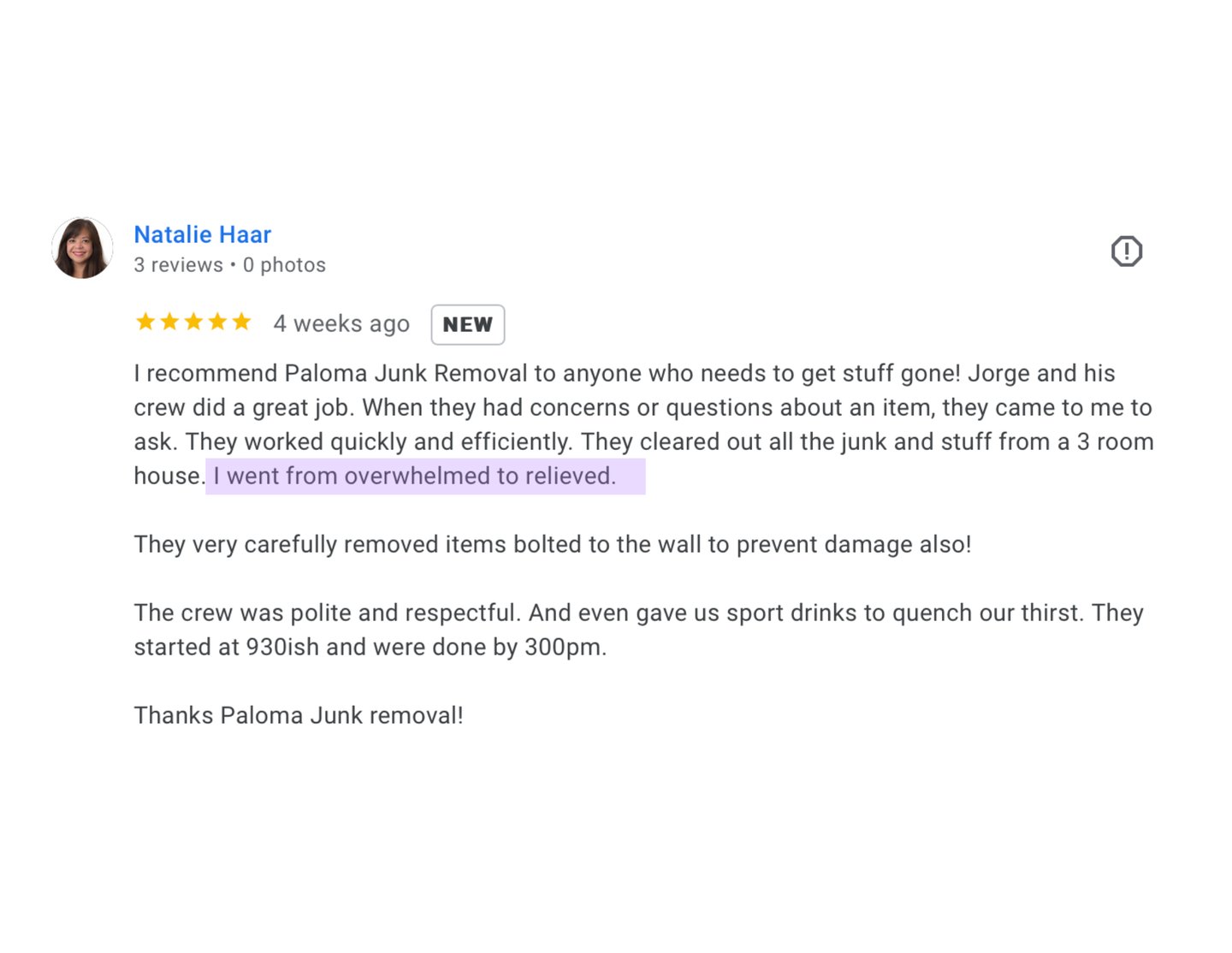 Positive five-star customer review for Paloma Junk Removal service highlighting efficiency and professionalism.