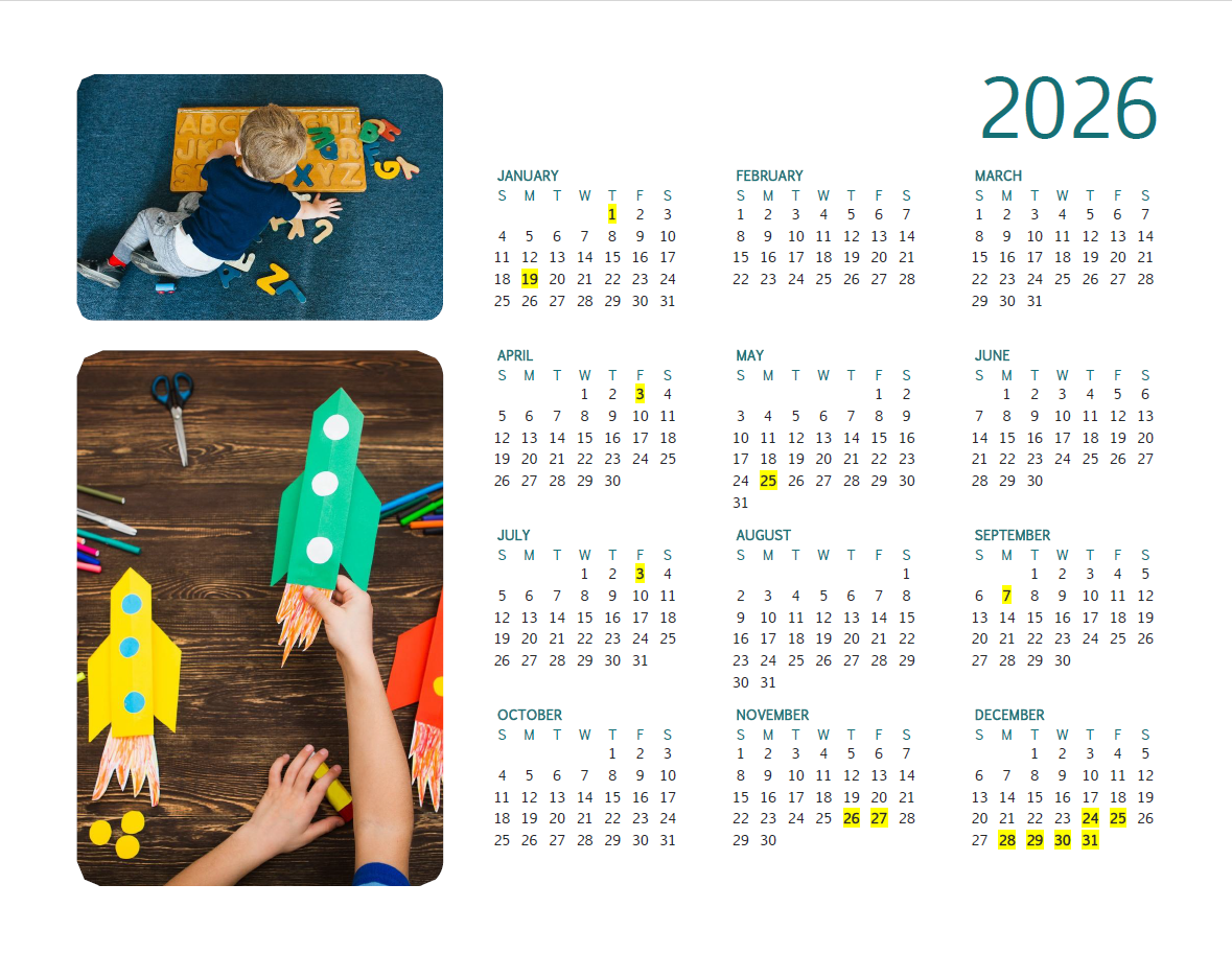Full 2026 yearly calendar featuring photos of a child playing with letters and paper rocket crafts.