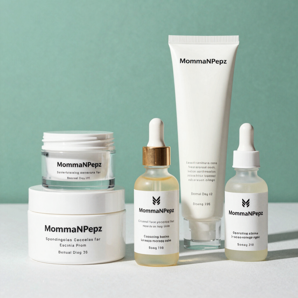 A close-up of delicate skincare products arranged artfully with soft, natural lighting highlighting creams and serums.