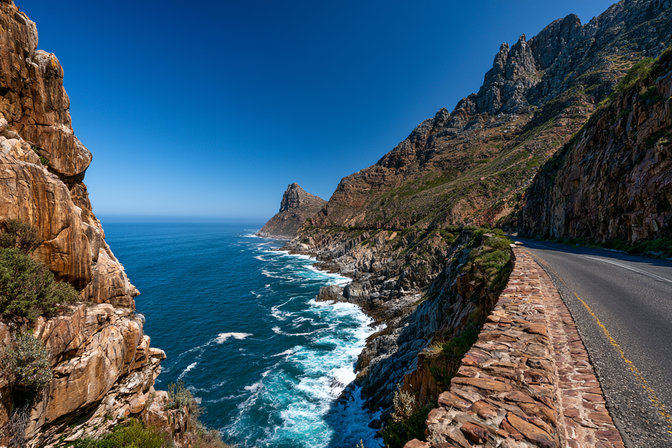 Scenic coastal road on Chapman's Peak Drive overlooking the blue ocean and rocky cliffs in Cape Town.
