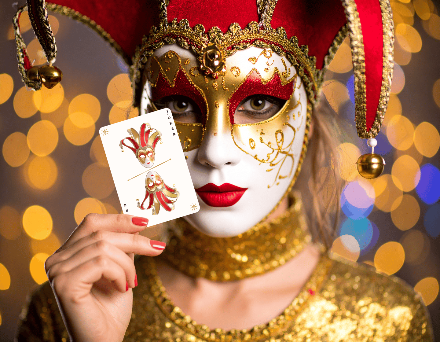 Femme avec masque Joker tenant une carte