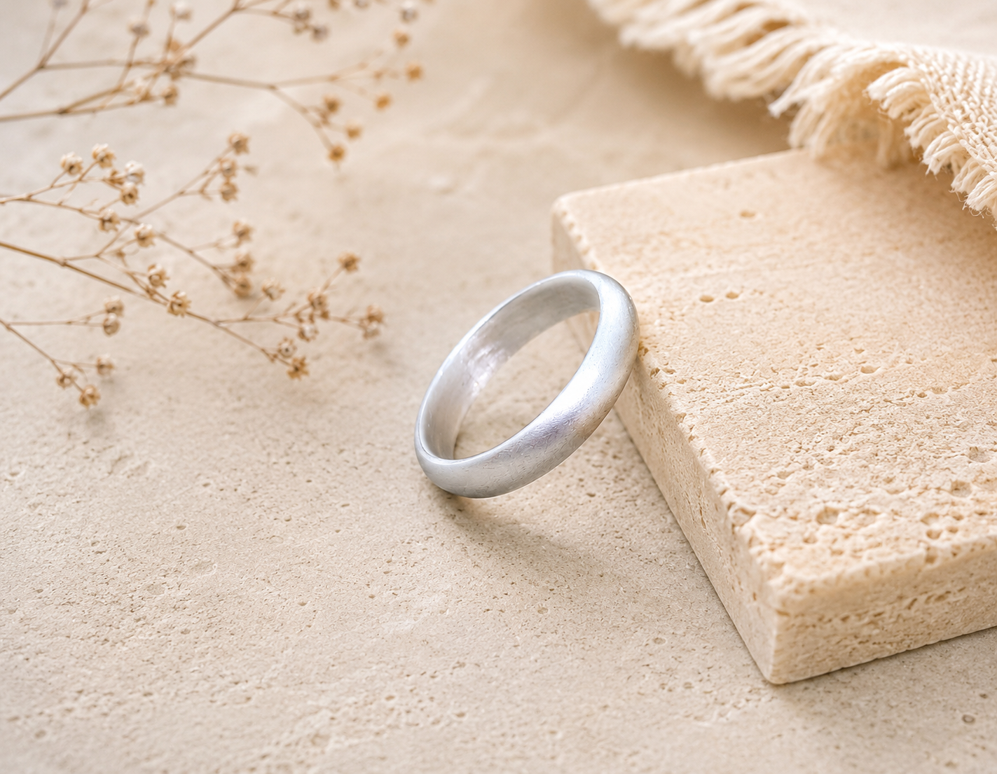 Minimalist satin matte 999 fine silver band ring displayed on a natural stone pedestal with flowers.