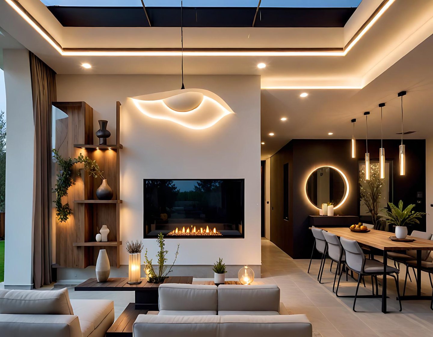 a living room with a fireplace and a dining room | Nour Nagy Designs