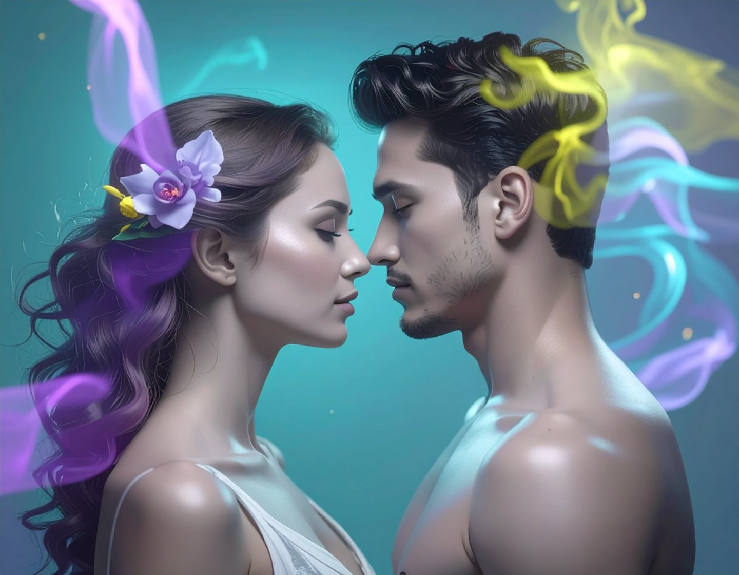 a man and woman kissing in front of a blue background