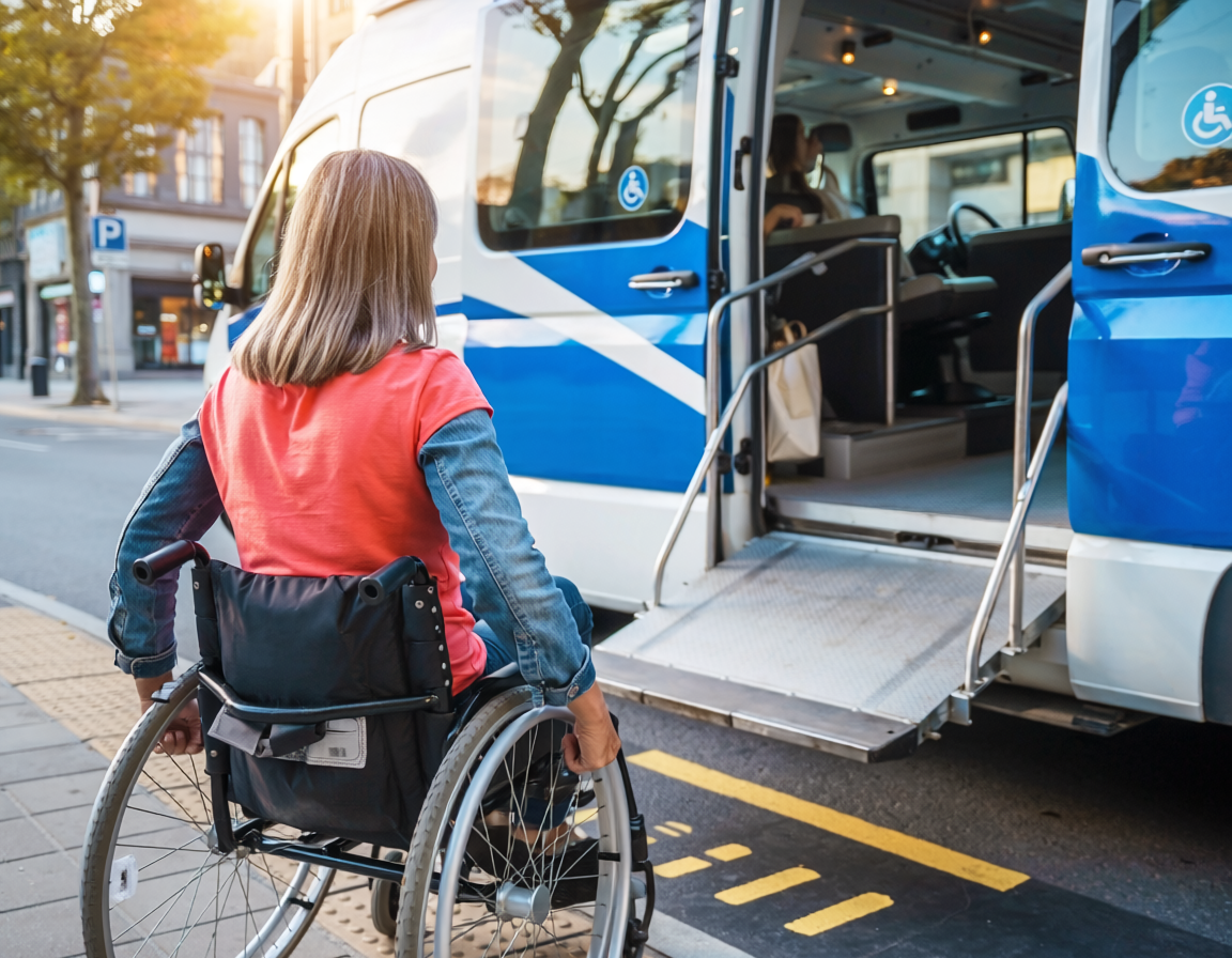 woman in a wheelchair, boarding a paratransit vehicle.