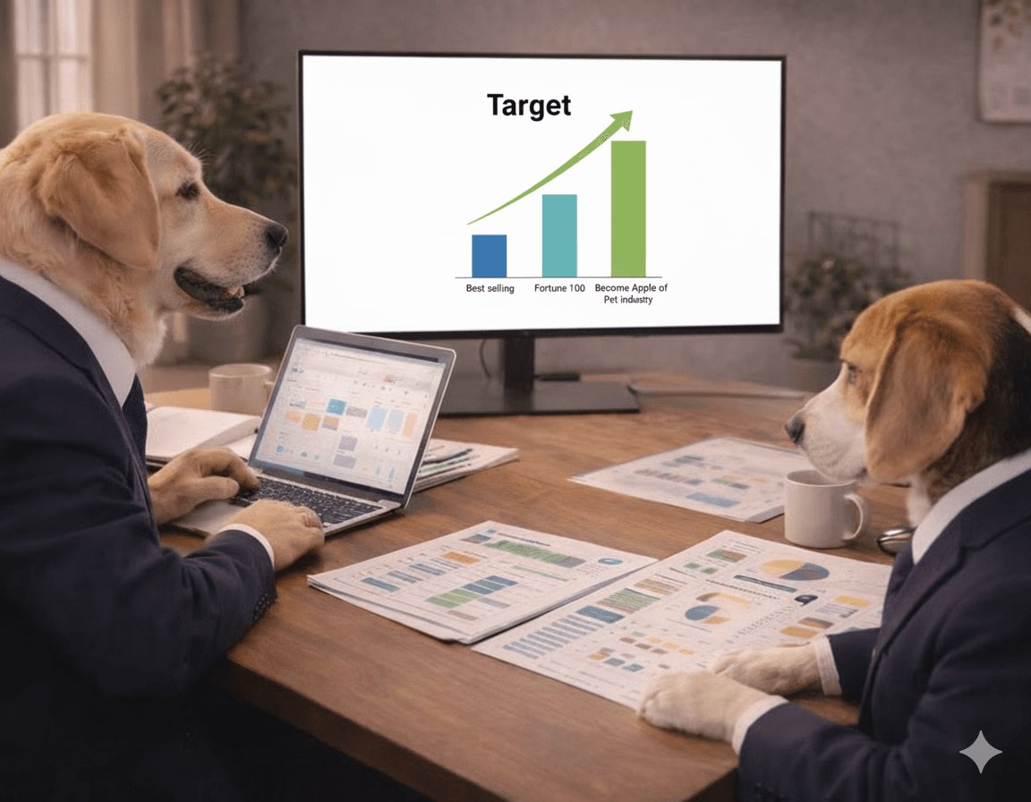 Two dogs in business suits reviewing a growth chart on a computer monitor in a modern office.