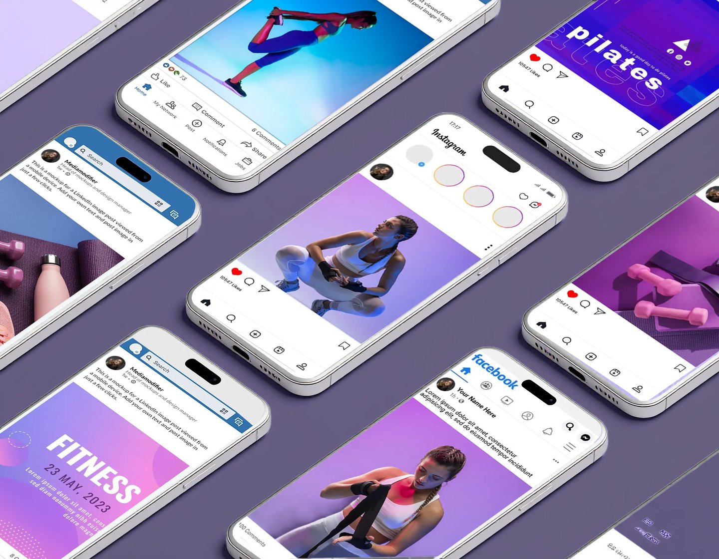 Mockup post social coordinati per brand fitness.