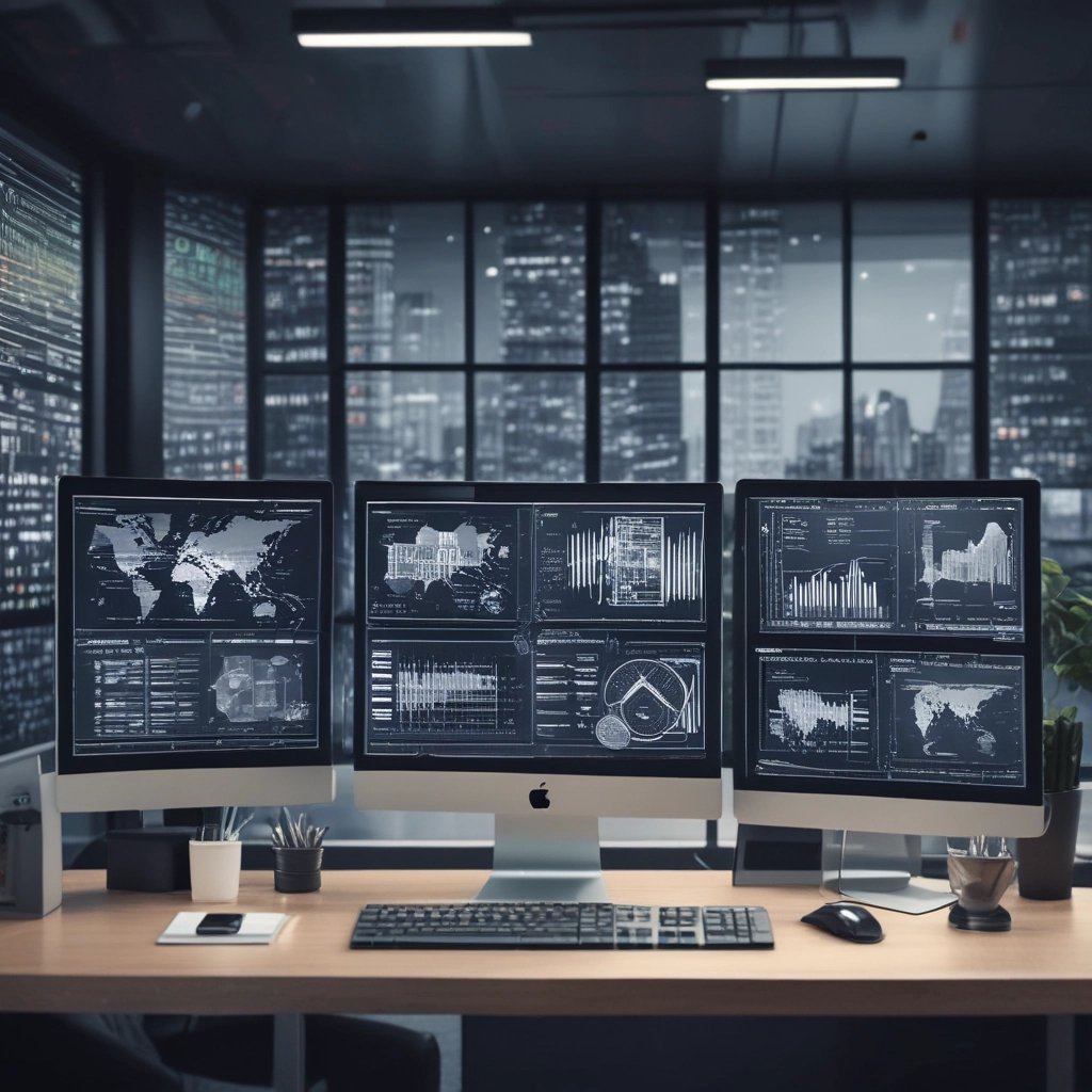 Modern office workspace with computer screens displaying AI data and digital workflows.