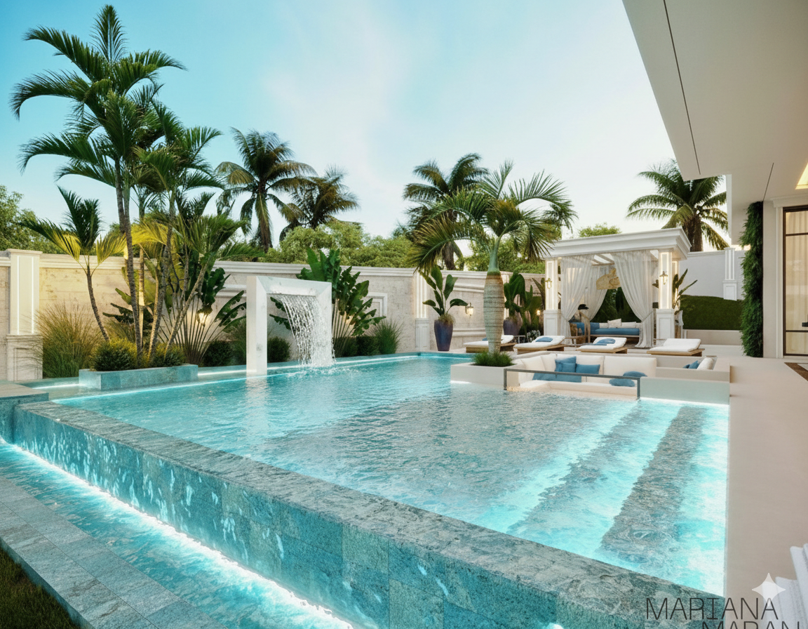 Luxury modern swimming pool with a waterfall feature, palm trees, and poolside lounge area.