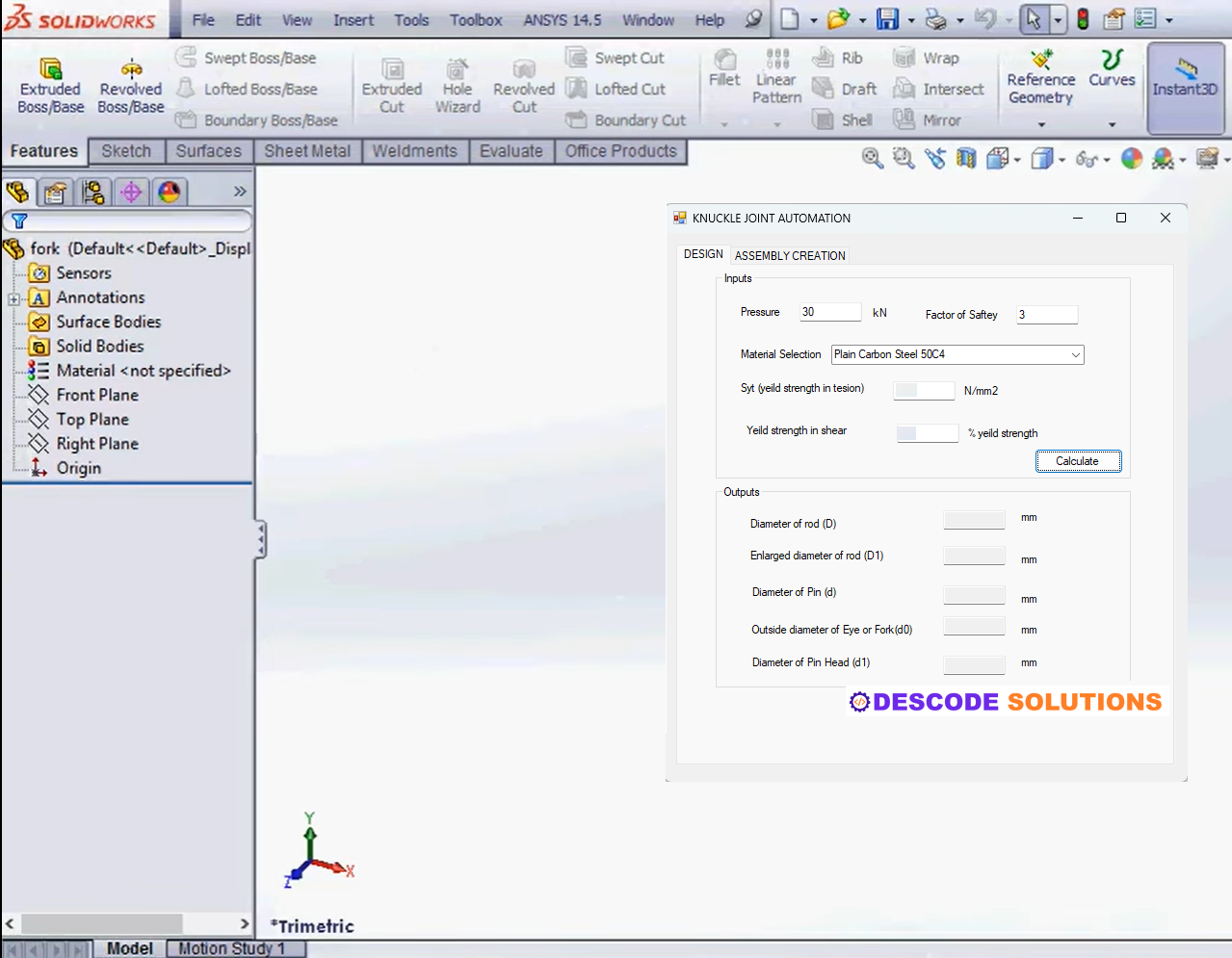 Image depicting knuckle joint automation done in Solidworks using Solidworks API