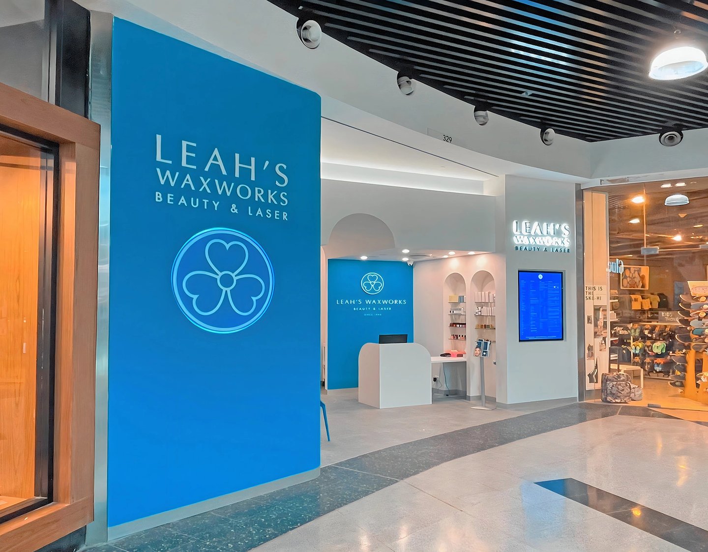 Westfield Eastgardens storefront with Leah's Waxworks branding, hinting at the serene, clinical luxury within.