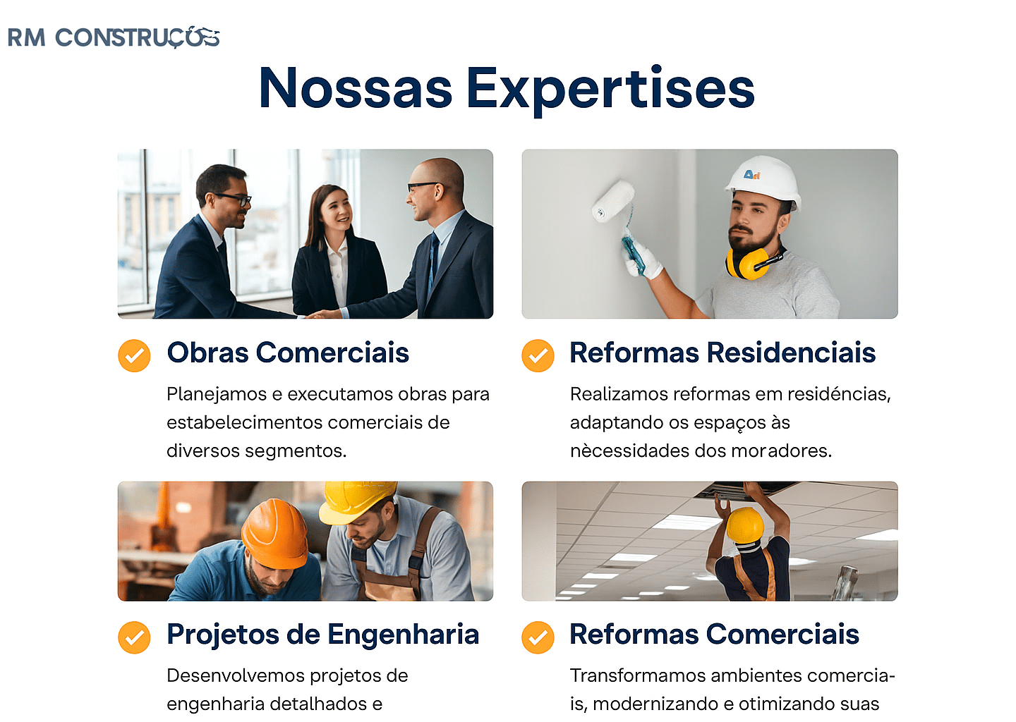 Engenheiro da RM Construções com fundo azul institucional.