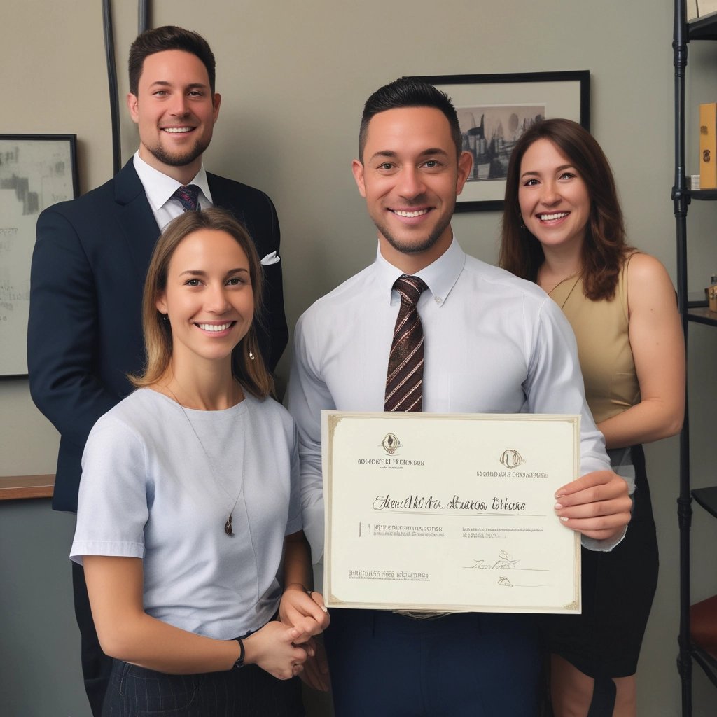 A person in a suit is seated at a desk, holding a phone to their ear and using the other hand to turn pages in a document. The workspace includes a computer monitor, paperwork, and other office supplies. Large windows allow natural light to illuminate the area.
