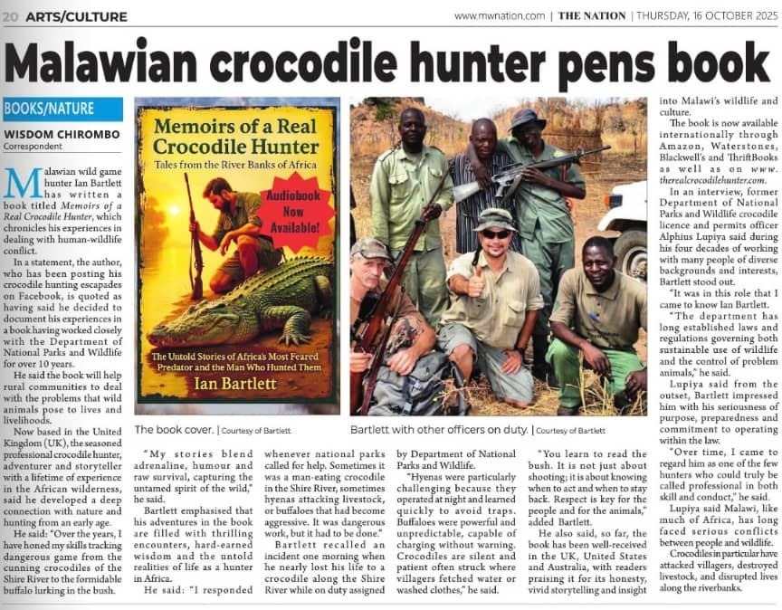 Malawi Nation newspaper article about Ian Bartlett's book "Memoirs of a Real Crocodile Hunter"