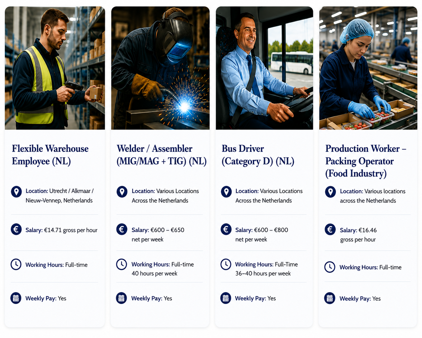 A collage showing warehouse workers, welders, bus drivers, and food production operators for jobs in the Netherlands.