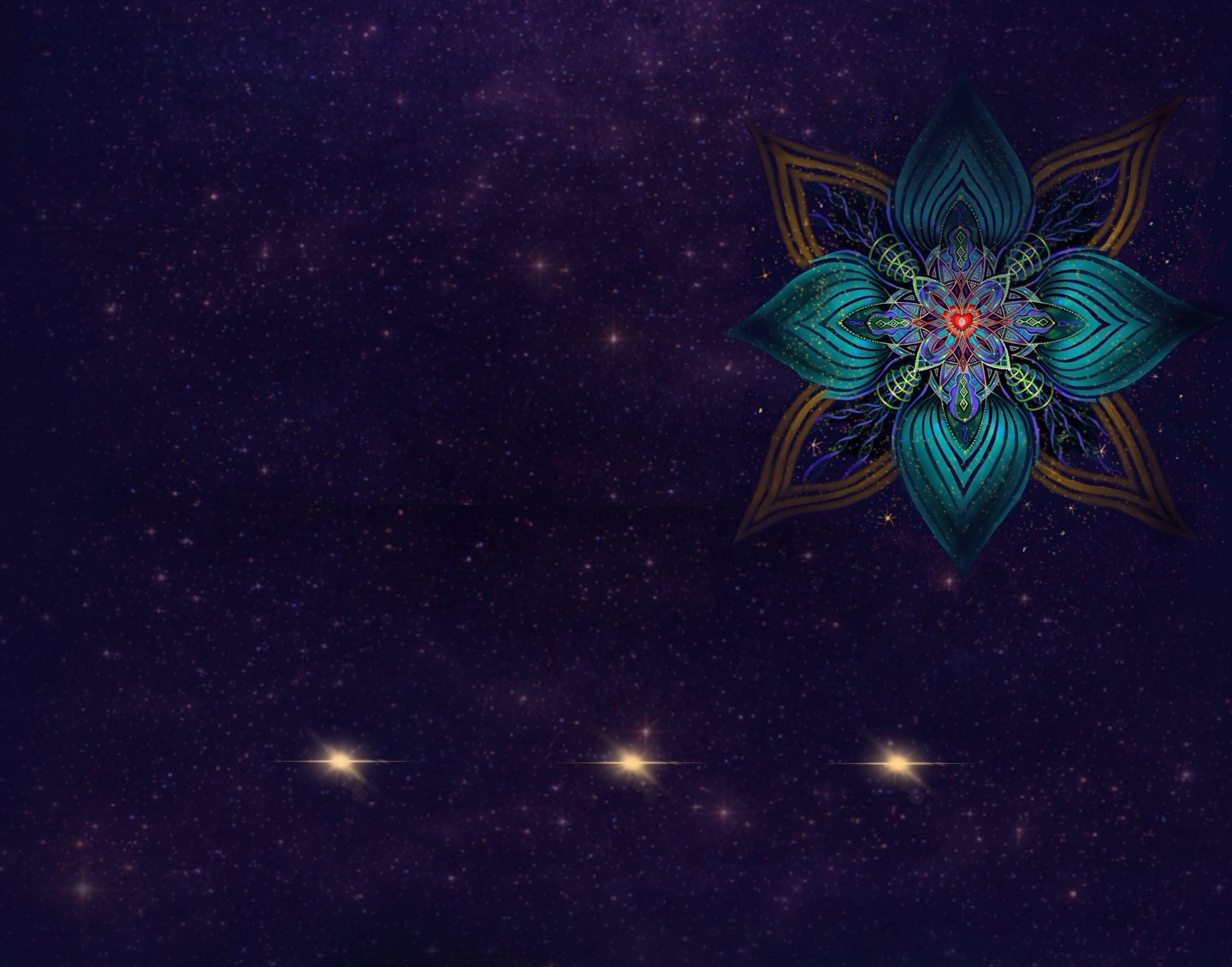 A vibrant blue and purple lotus flower mandala set against a deep purple starry galaxy background.