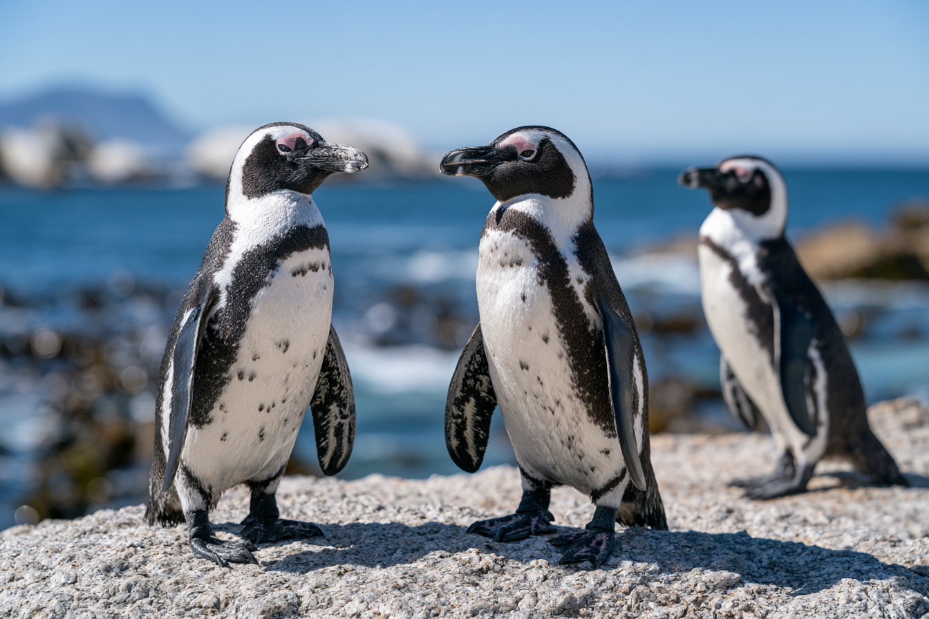 African penguins standing on rocks at Boulders Beach, South Africa, with the blue ocean background.