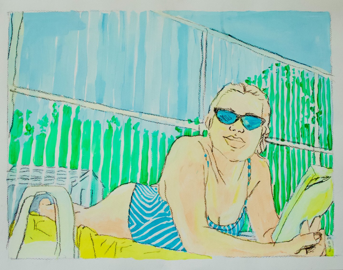 Peinture femme au bord de la piscine  - Artiste peintre Bordeaux