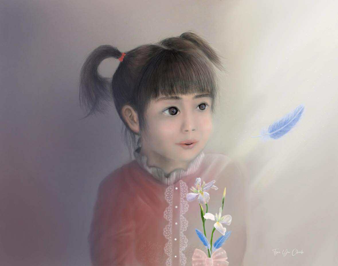 a little girl with a flower in her hand