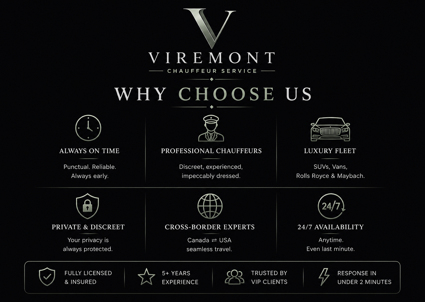 Viremont Chauffeur official logo with why choose us details