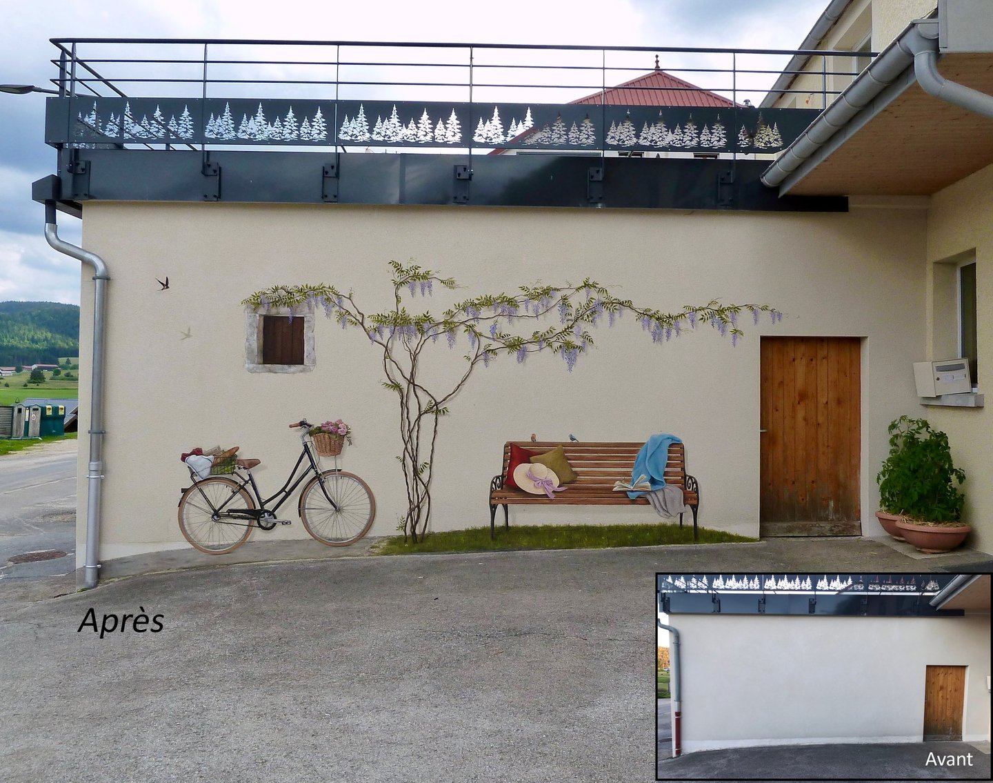 Avant/Après d'une fresque en trompe-l'oeil sur façade à Gellin, Doubs. Banc, glycine, vélo, lucarne.