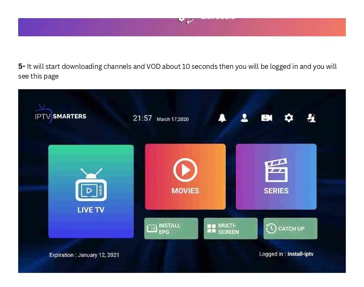 IPTV Smarters Pro dashboard interface showing Live TV, Movies, and Series categories.