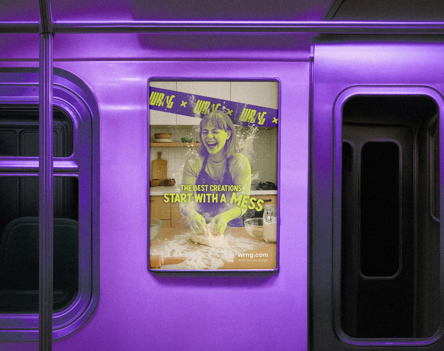 A poster mockup for the WRNG brand, inside of a train