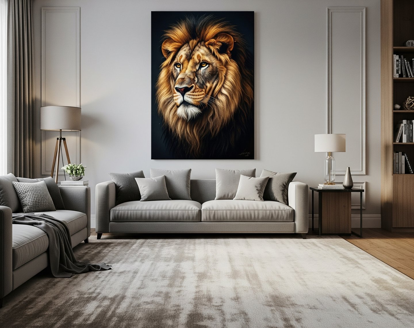 SALA DECORADA COM QUADRO TAPETE E SOFÁ MINIMALISTA