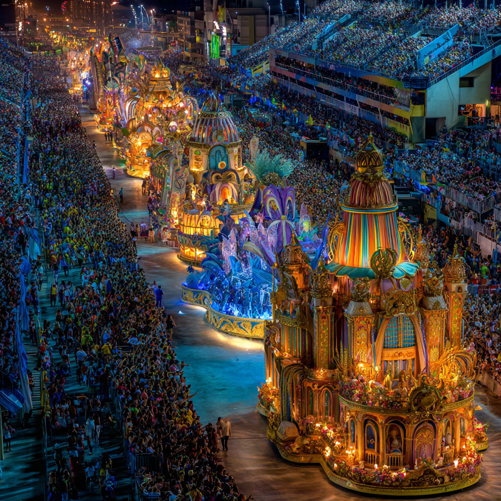 Elaborate Rio Carnival floats parade through the Sambadrome at night surrounded by cheering crowds.